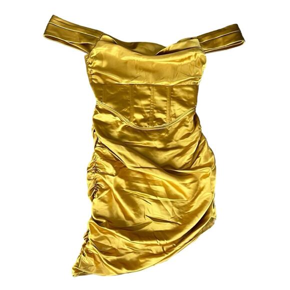 For Love & Lemons Women’s Drew Mini Bustier Draped Dress in Golden Yellow Satin - Picture 11 of 12